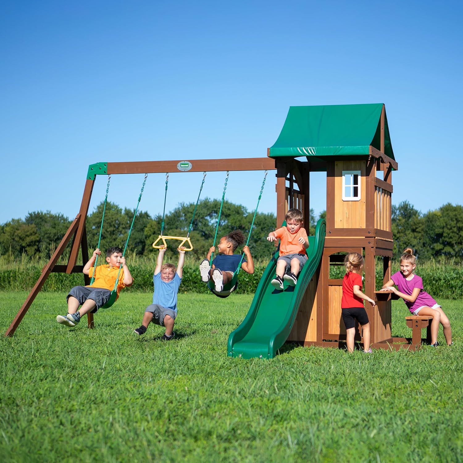Backyard Discovery Lakewood Cedar Wood Swing Set with Wave Slide, Clubhouse, Playhouse, Sn